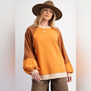 Easel Brand-Women’s Color Block Top in Light Rust, Brown Cream and Grey